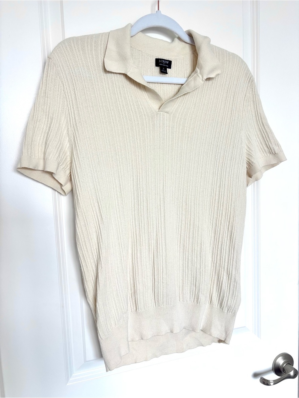 J.Crew 100% Cotton Ribbed Sweater Polo Cream Ivory Short Sleeve Preppy Quiet Lux